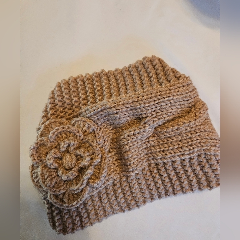 Hand Crafted Upcycled Handmade crochet Floral Skincare Spa Headband Tan Color